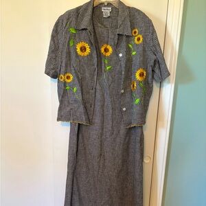 Vintage 90s Black & White Gingham Dress + Top with Sunflower Embroidery